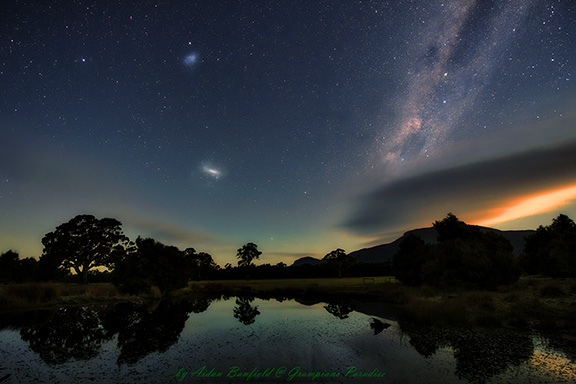 Magellanic Clouds and the Milky Way refected in Duck Dinner Pond of Redmand Bluff Wetlands in Mid August 2021 at Grampians Paradise Camping and Caravan Parkland