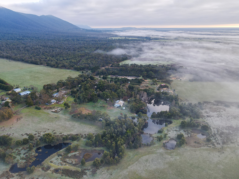 Drone photo taken in July 2020 of some of the 30 ponds of Redman Bluff Wetlands at Grampians Paradise Camping and Caravan Parkland