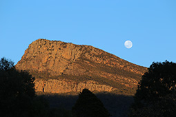 From Grampians Paradise Camping and Caravan Parkland the moon sets behind Redman Bluff as the rising sun turns the cliffs red on the 7th July 2020