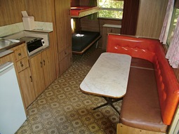 Kitchen in Emu, our 1970's retro onsite caravan at Grampians Paradise Camping and Caravan Parkland