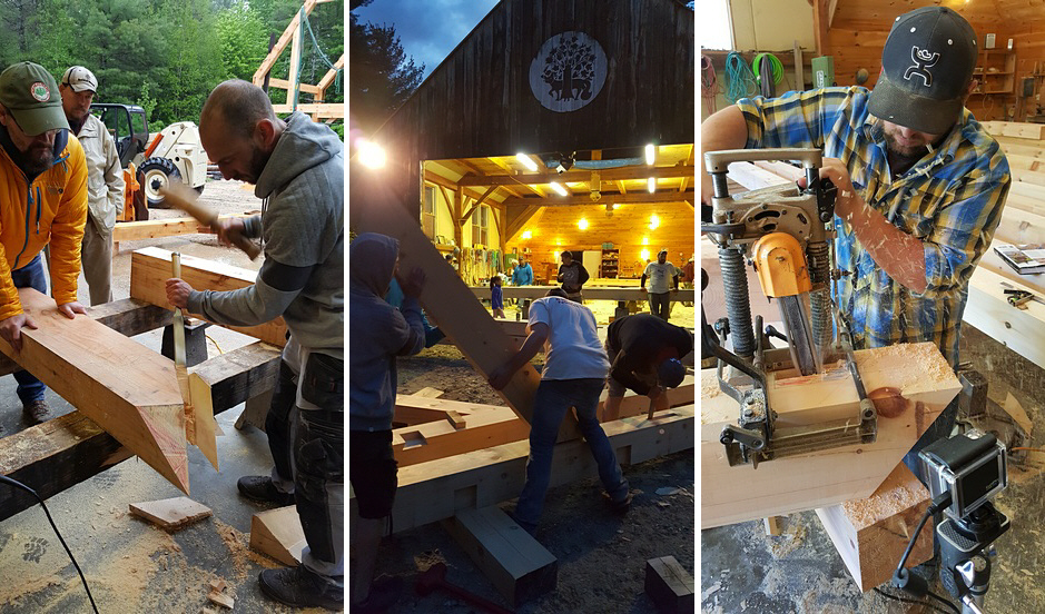 Students cutting the joinery for a Traditional Timber Framed Building on the Fox Maple Spring Workshop in 2017